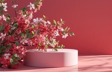 Fototapeta na wymiar Natural beauty round podium backdrop with spring sakura cherry blossom landscape scene.