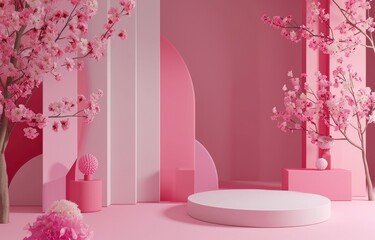 Natural beauty round podium backdrop with spring sakura cherry blossom landscape scene.