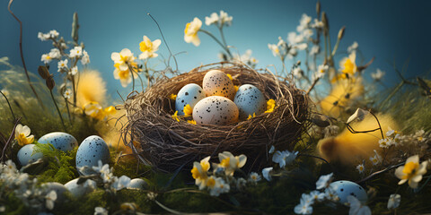 Easter eggs with flowers in a bird's nest on a background of leaves weekends holidays religion Christianity natural Spring nest flowers. - obrazy, fototapety, plakaty