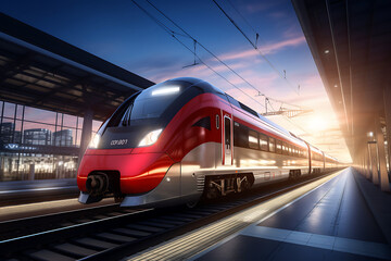 High speed train on a railway at sunset. 3d rendering - obrazy, fototapety, plakaty