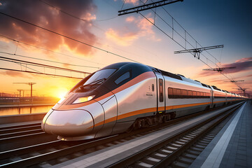 Fototapeta premium High speed train on a railway at sunset. 3d rendering