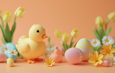 3D illustrated sweet festive Easter set isolated with copy space on light orange background