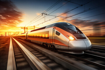 High speed train on a railway at sunset. 3d rendering