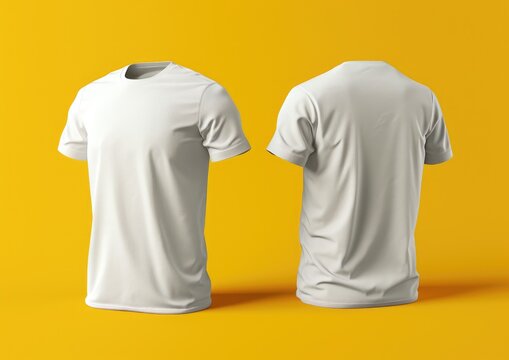 3D realistic image mockup of a plain white exercise shirt front view and back view on yellow background