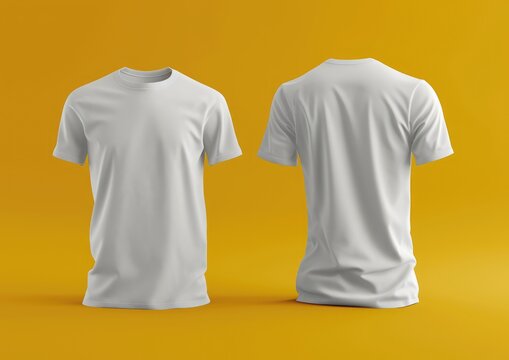3D realistic image mockup of a plain white exercise shirt front view and back view on yellow background