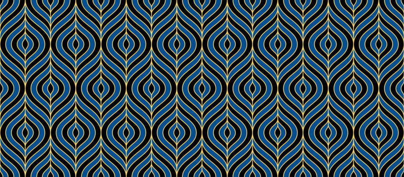Retro art deco blue and black seamless pattern. Repeated gold leaf, feather or floral motif. Golden decorative texture for wallpaper, textile, fabric, print swatch. Vector vintage ornament backdrop
