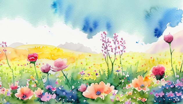 A watercolor illustration of a spring field where various flowers are in full bloom