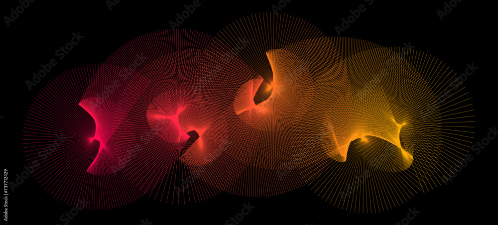Aufkleber Neon radiating spiral shape pattern. Abstract spreading rotating lines. Yellow orange red spinning circle on black background. Futuristic cloud concept. Digital aurora or moire effect. Vector backdrop