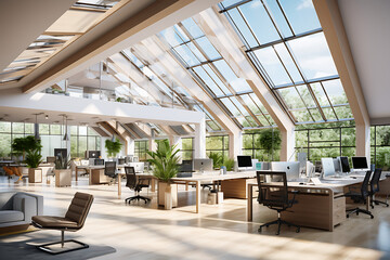 Interior of modern office with open space and daylight. 3d rendering - obrazy, fototapety, plakaty