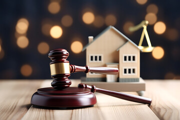 Gavel and house on wooden table against blurred lights background. Auction concept