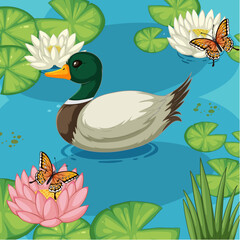Vector illustration of duck with butterflies over water