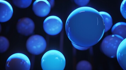 abstract background, blue glowing balls on metallic black background, 3d wallpaper