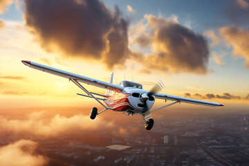 Naklejka premium Airplane flying above the city at sunset.