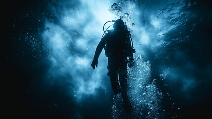 Scuba diver exploring the underwater world, surrounded by bubbles and beams of light.