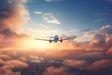 Fototapeta na wymiar Airplane flying above the city at sunset.