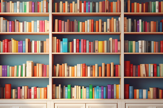 Bookshelves with colorful books on dark blue background.