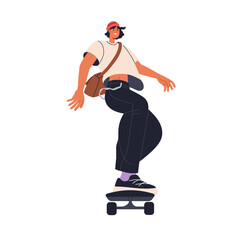 Happy young character riding skateboard. Active cheerful sport man, modern stylish skateboarder travels on skate board, street style. Flat vector illustration isolated on white background - 737712814