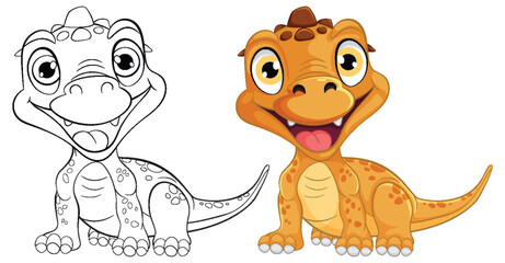 Vector illustration of two happy cartoon dinosaurs.