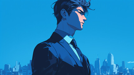 横顔の男性　ビジネスマン　新社会人　都会シルエット背景　シンプル