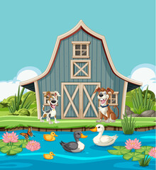 Cartoon animals by the barn and pond