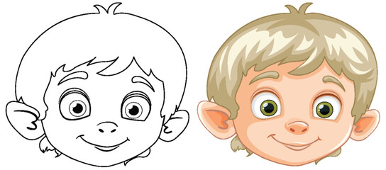Transformation of a boy's face from line art to color.