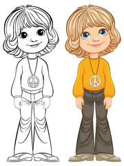 Cartoon illustration of a child, colored and outlined versions.