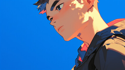 横顔の男性　男子学生　新社会人　青背景　シンプル