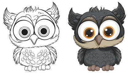 Two styles of a cartoon owl, colored and outlined.