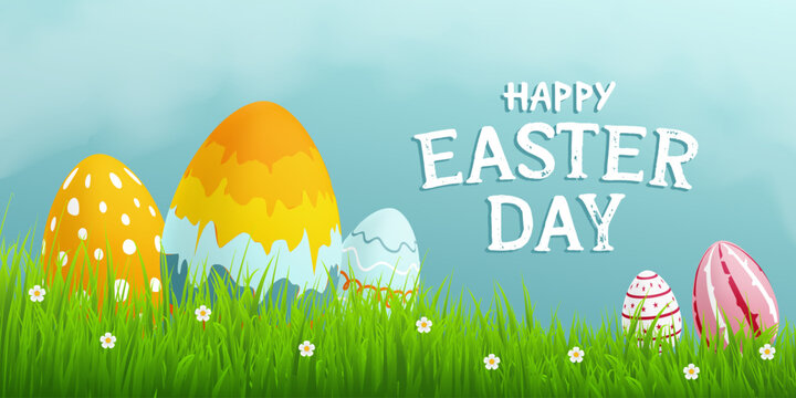 Happy Easter day greeting with eggs and garden grass and flowers. Realistic vector design illustration
