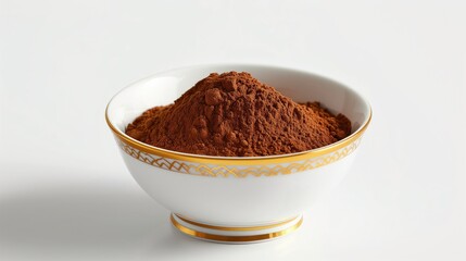 closeup of cocoa powder in a small cup isolated on a white background.