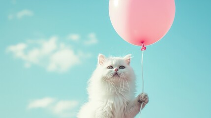 Fototapeta na wymiar A white Persian cat holds a balloon against the sky background. 
