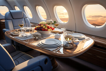 Fototapeta premium Interior of airplane with empty seats and table with food. 3d rendering