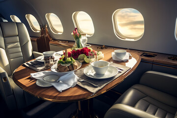 Interior of airplane with empty seats and table with food. 3d rendering