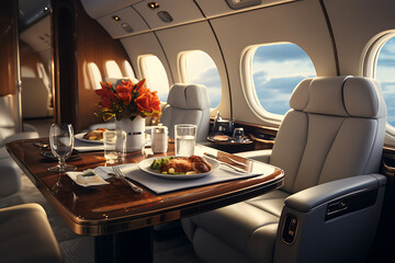 Interior of airplane with empty seats and table with food. 3d rendering