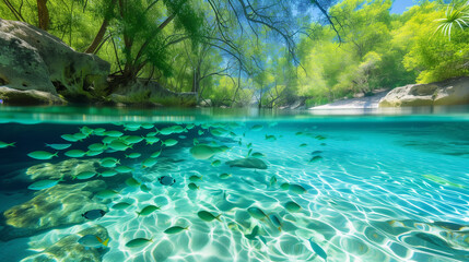 Enchanted River Oasis: School of Tropical Fish Darting Through Crystal-Clear Waters with Sunlight Dancing on Sandy Riverbed Below Lush Green Foliage