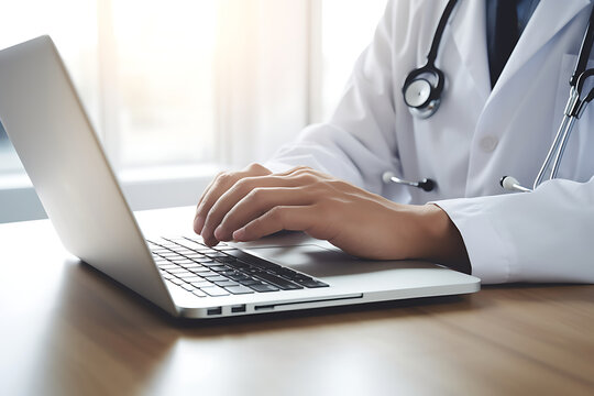 Close up of male doctor hands typing on laptop computer while sitting at the desk in clinic