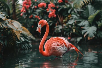 Fototapeta premium Beautiful flamingo walking in the water.