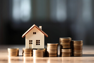 House model and coin stacks on wooden table with bokeh background. Real estate and property investment concept.