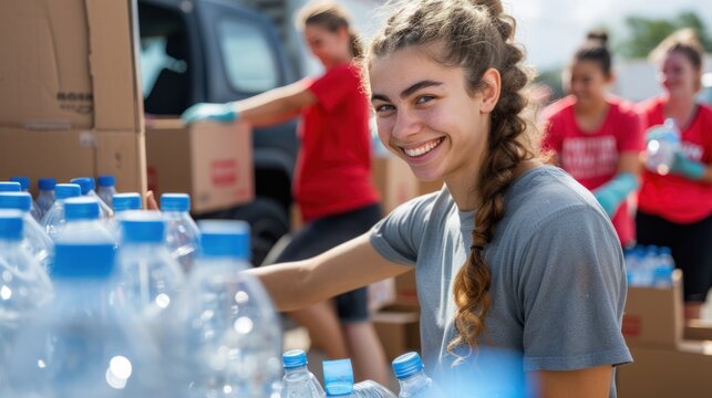 Smiling of volunteers packing water bottles into cardboard boxes outside truck. Group volunteer working.