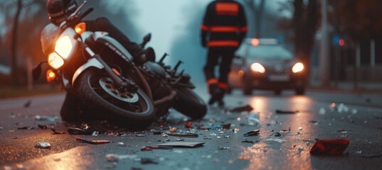 Close-up of motorcycle accident with scattered debris on the road - obrazy, fototapety, plakaty