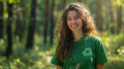 Fototapeta premium Smiling young woman environmental activist in the forest wearing a green recycle t-shirt, Volunteer, Charity event, Unity.