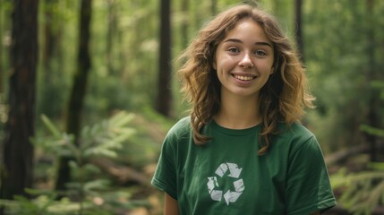 Smiling young woman environmental activist in the forest wearing a green recycle t-shirt, Volunteer, Charity event, Unity.