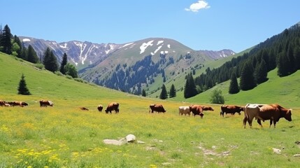Fototapeta na wymiar Idyllic scene of serene cows grazing happily on expansive and lush green mountain meadows