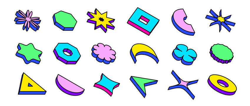 Colorful neon isometric shape set. Bright outline abstract geometric object collection. Retro brutalist pack in Swiss or Memphis style. Vintage arcade game elements for poster, cover, banner. Vector