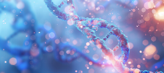 Medical breakthrough in genetic research with blurred dna molecule background - obrazy, fototapety, plakaty