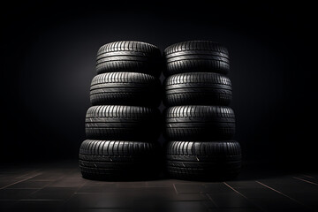 Fototapeta na wymiar Car tires on a black background. Close up. Selective focus.