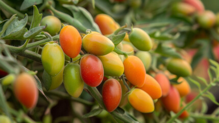 A group of small oval fruits in varying shades of green red and yellow are captured in the fifth image. They are growing in a on a t bush.