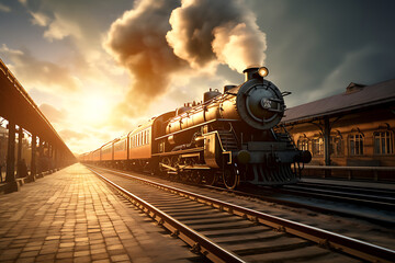 Steam locomotive on the platform of the railway station at sunset. - obrazy, fototapety, plakaty