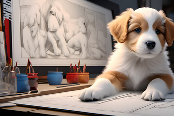 A puppy that's interfering with drawing.
Generative AI - obrazy, fototapety, plakaty