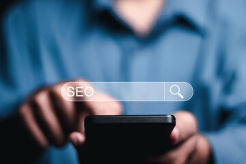 SEO concept, Person use smartphone with search bar to analyze SEO search engine optimization....